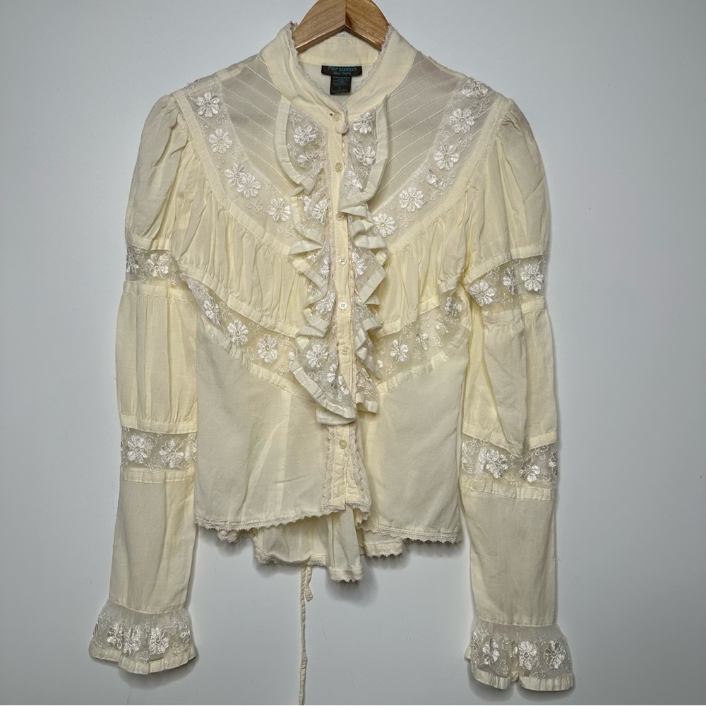 Persaman New York Vintage Ivory Ruffle Corset Back Button Front Blouse Size Sm